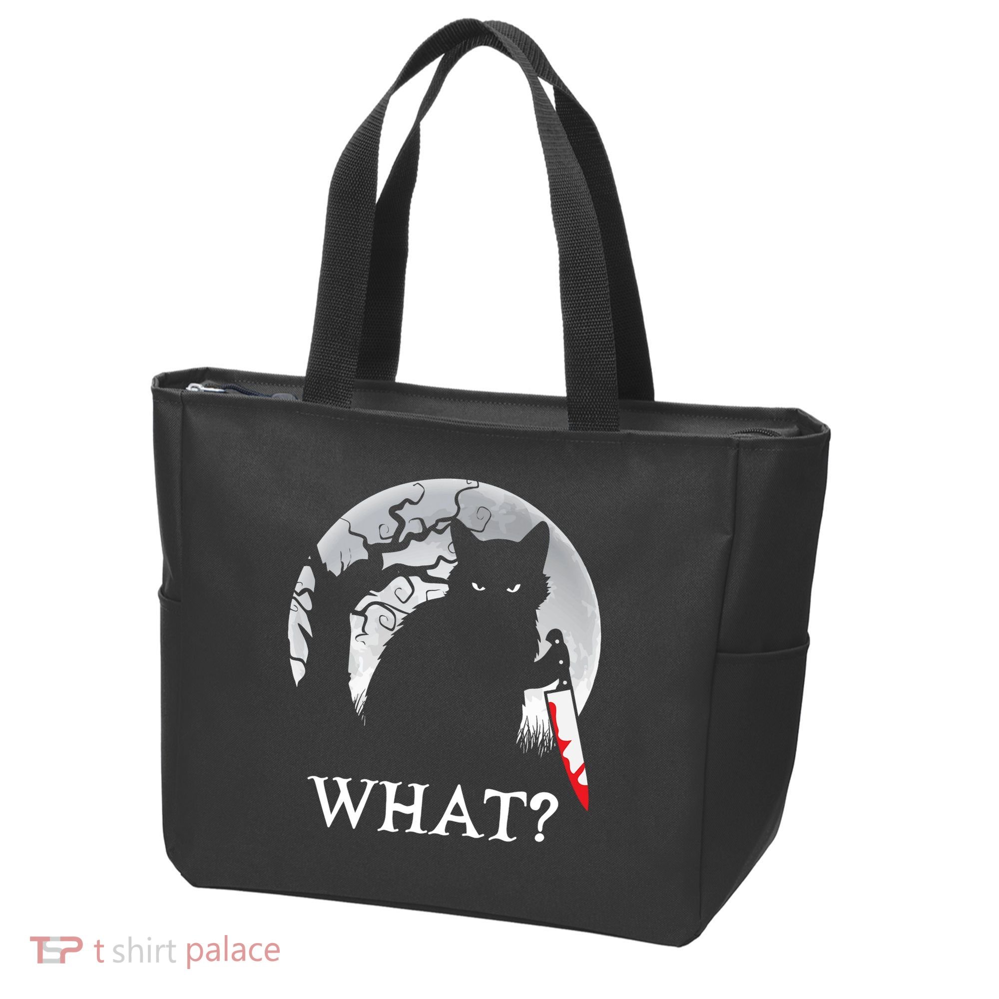 Cat What? Murderous Black Cat With Knife Halloween Cat Black Cat Lover Gift Tote Bag