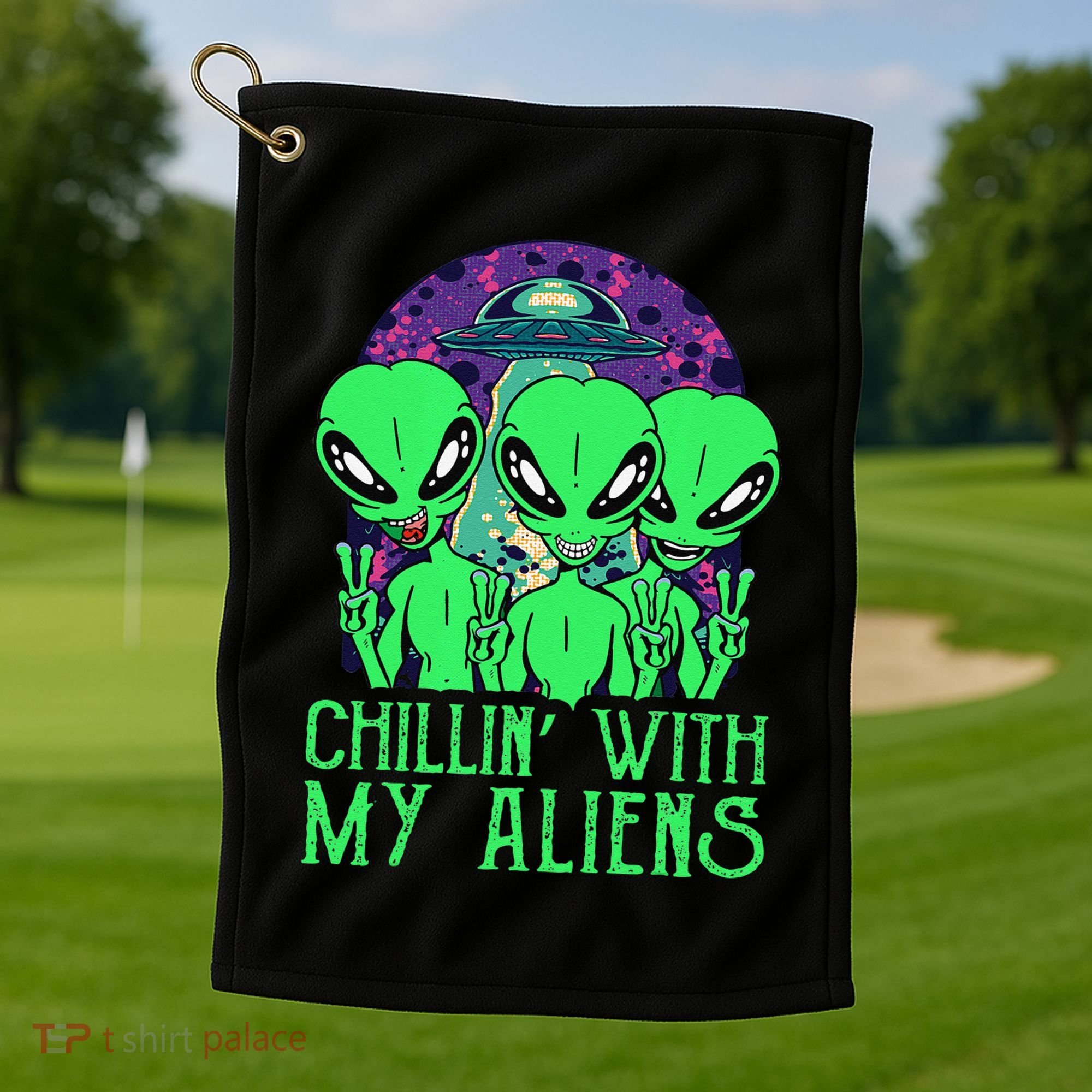 Chillin With My Aliens Group Halloween Golf Towel