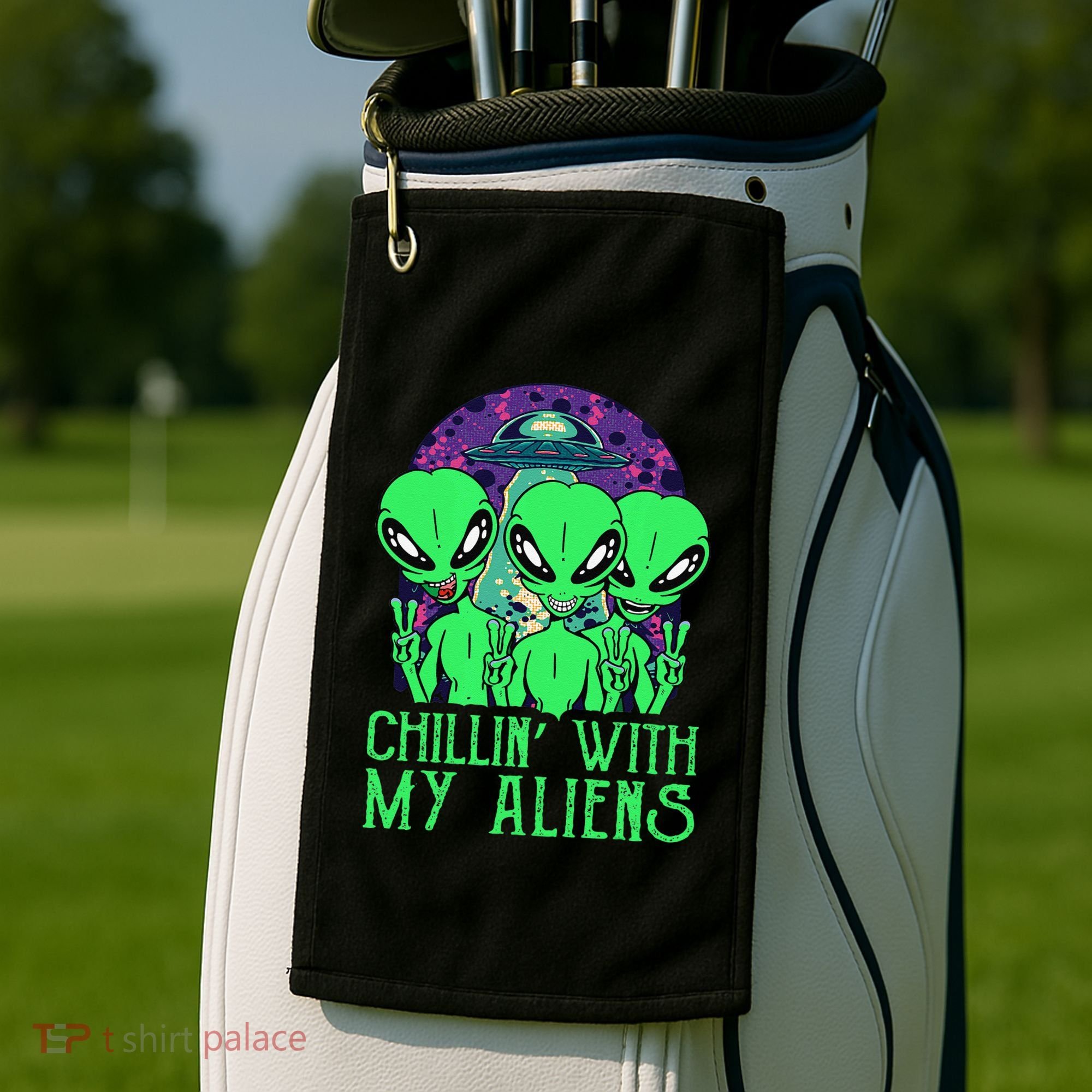 Chillin With My Aliens Group Halloween Golf Towel