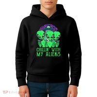 Chillin With My Aliens Group Halloween Kids Hoodie thumb 4