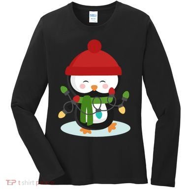 Cute Winter Penguin Christmas Lights Women's Long Sleeve Shirt