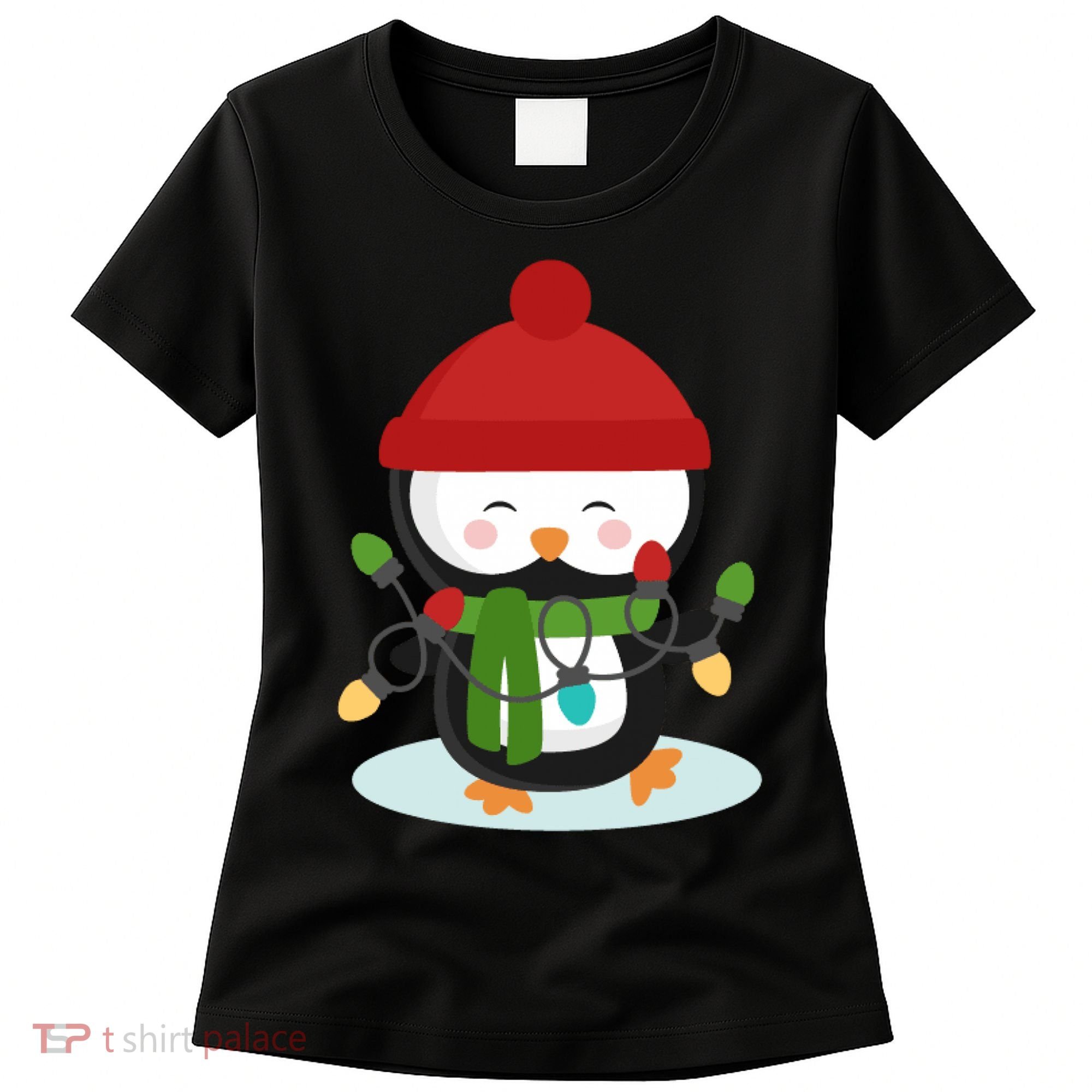 Cute Winter Penguin Christmas Lights Women's T-Shirt