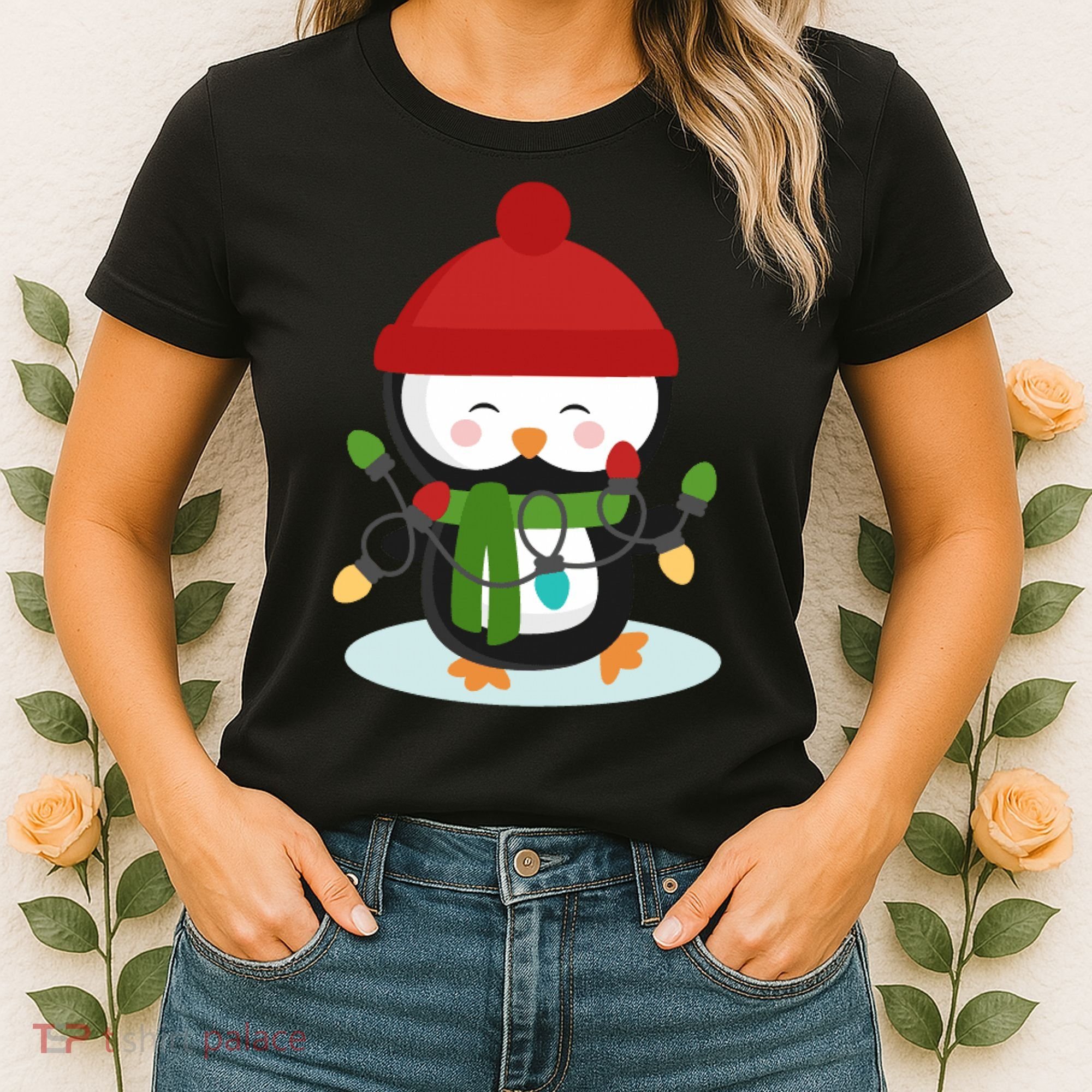 Cute Winter Penguin Christmas Lights Women's T-Shirt