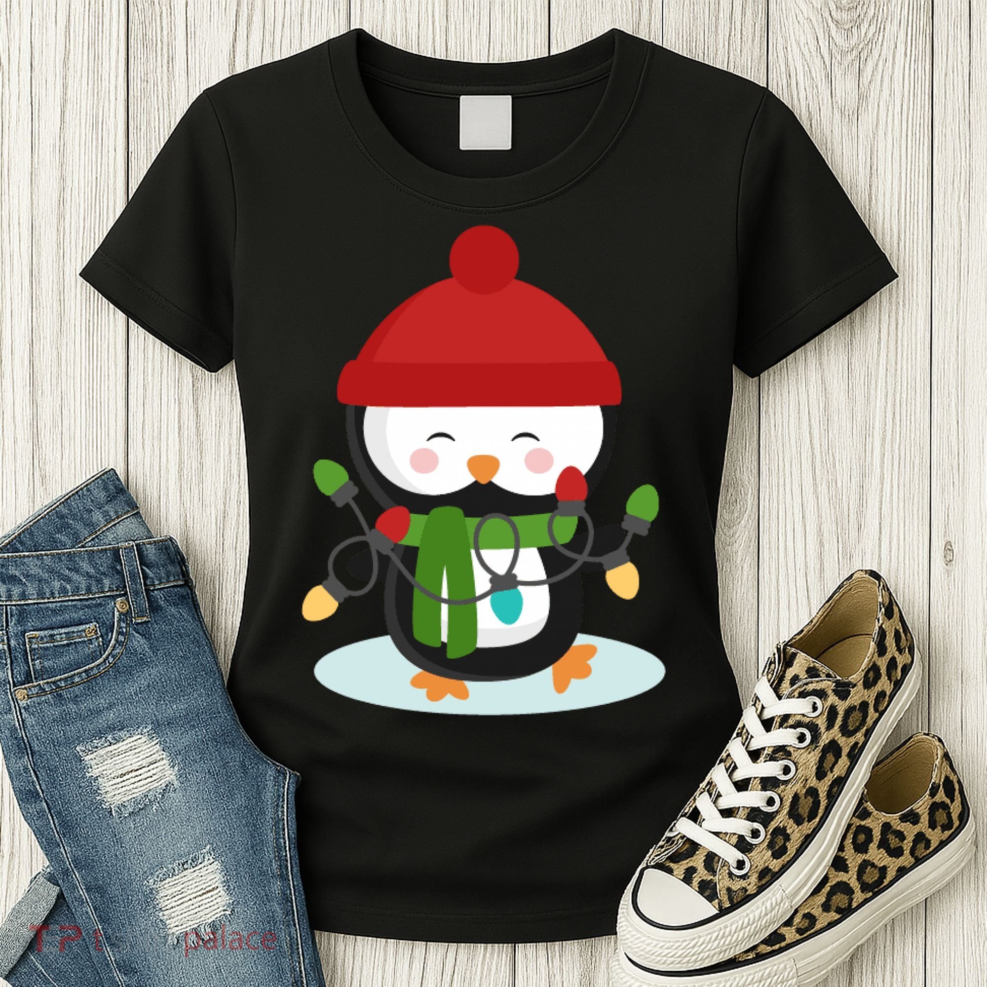 Cute Winter Penguin Christmas Lights Women's T-Shirt