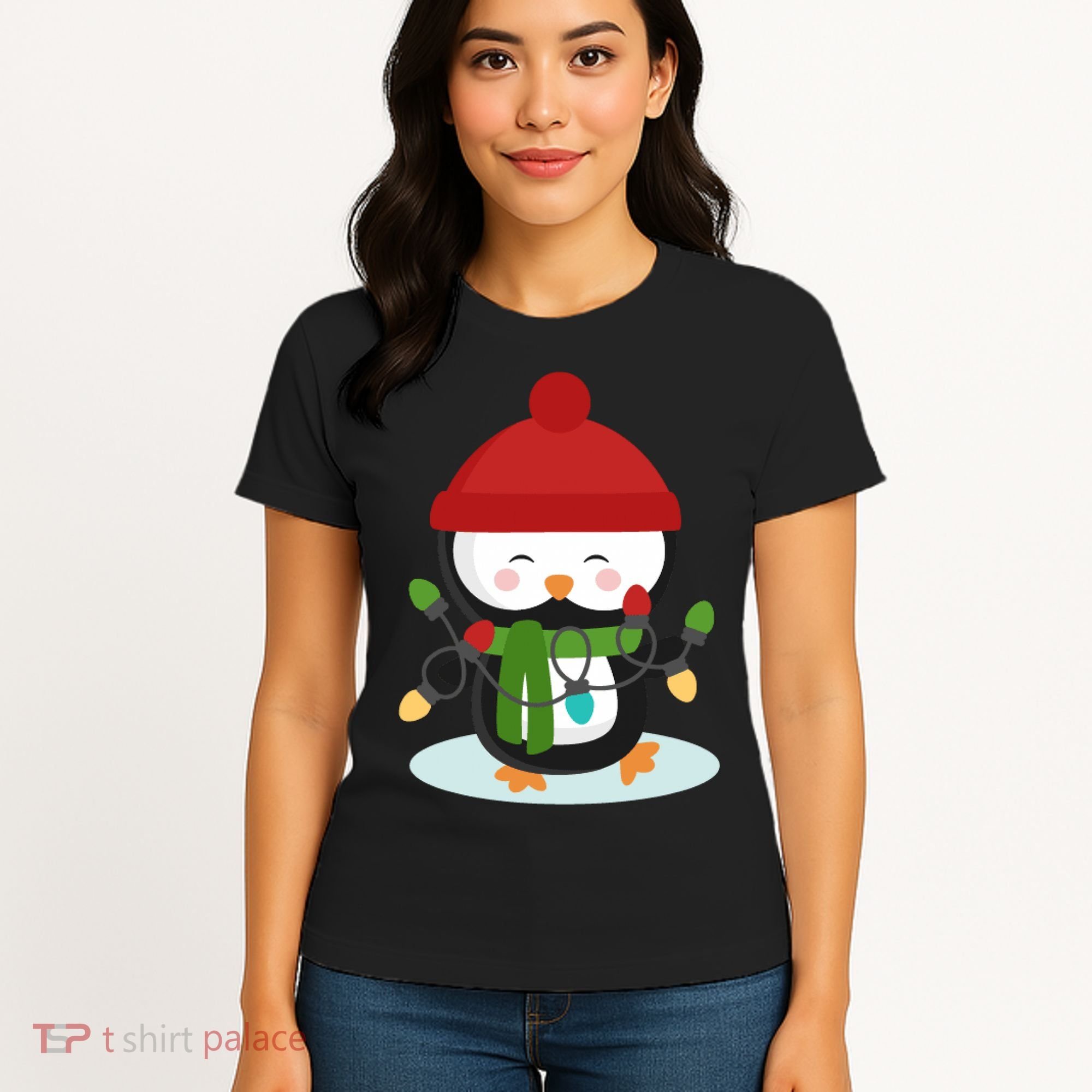 Cute Winter Penguin Christmas Lights Women's T-Shirt
