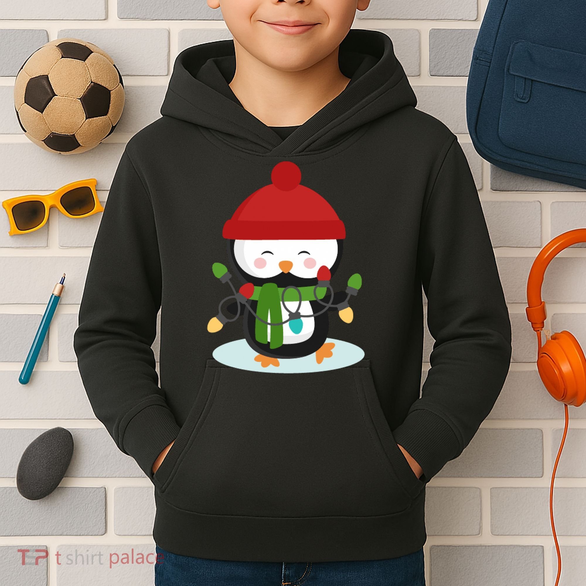 Cute Winter Penguin Christmas Lights Kids Hoodie