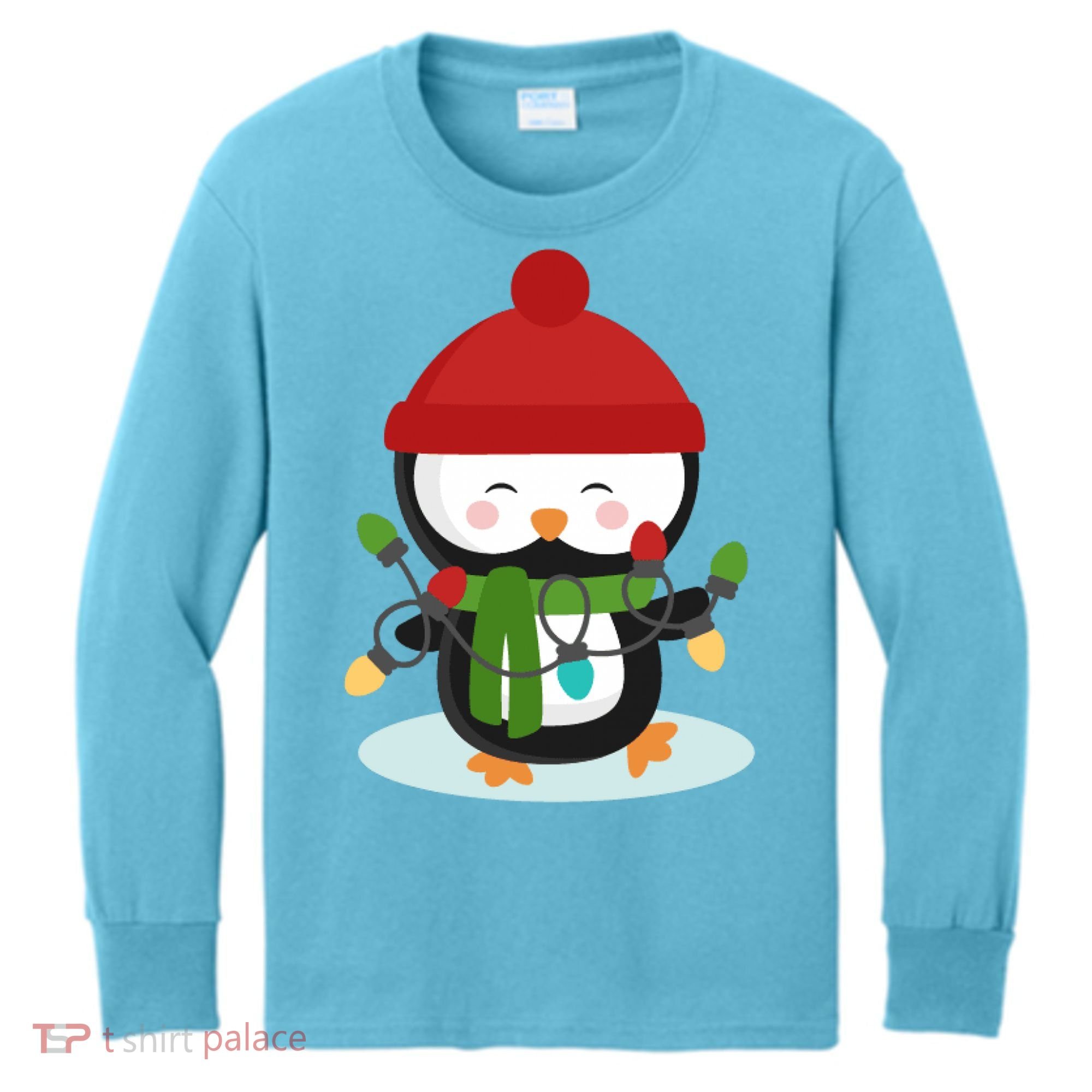 Cute Winter Penguin Christmas Lights Kids Long Sleeve Shirt