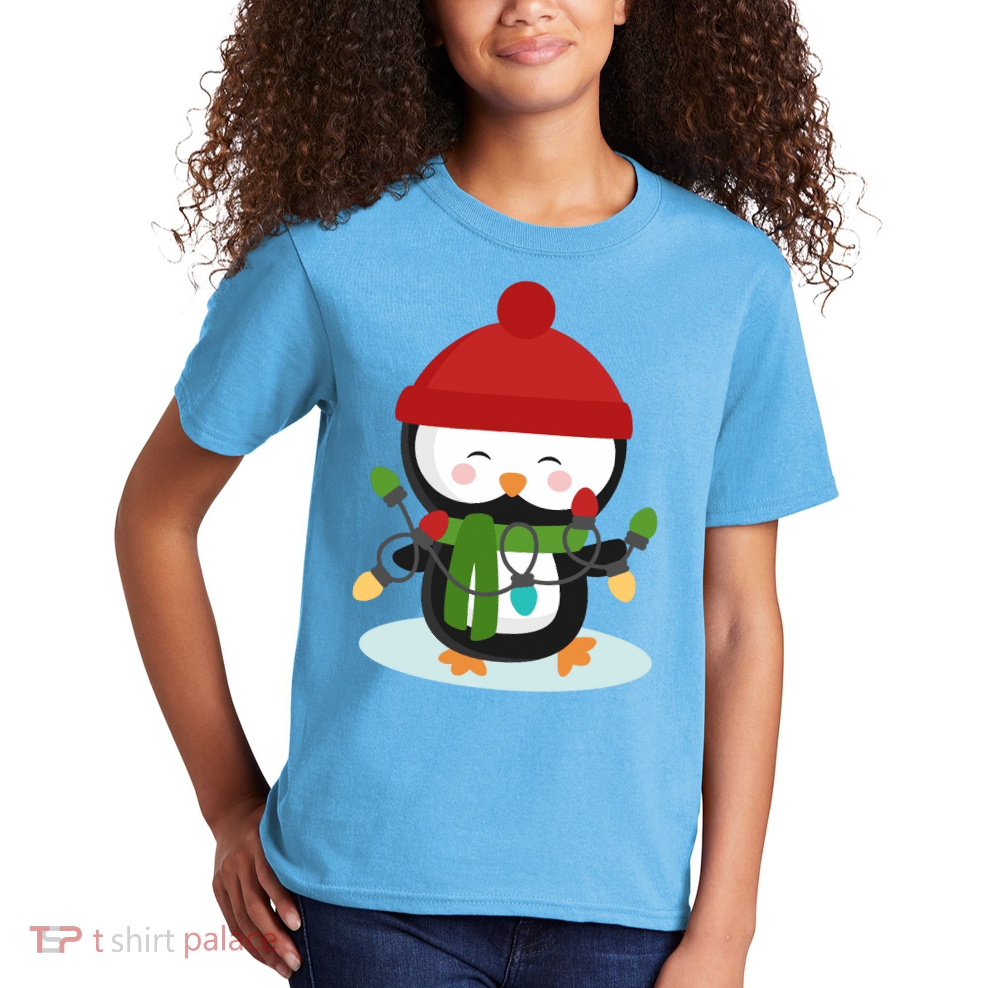 Cute Winter Penguin Christmas Lights Kids T-Shirt