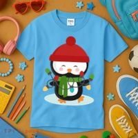 Cute Winter Penguin Christmas Lights Kids T-Shirt thumb 3