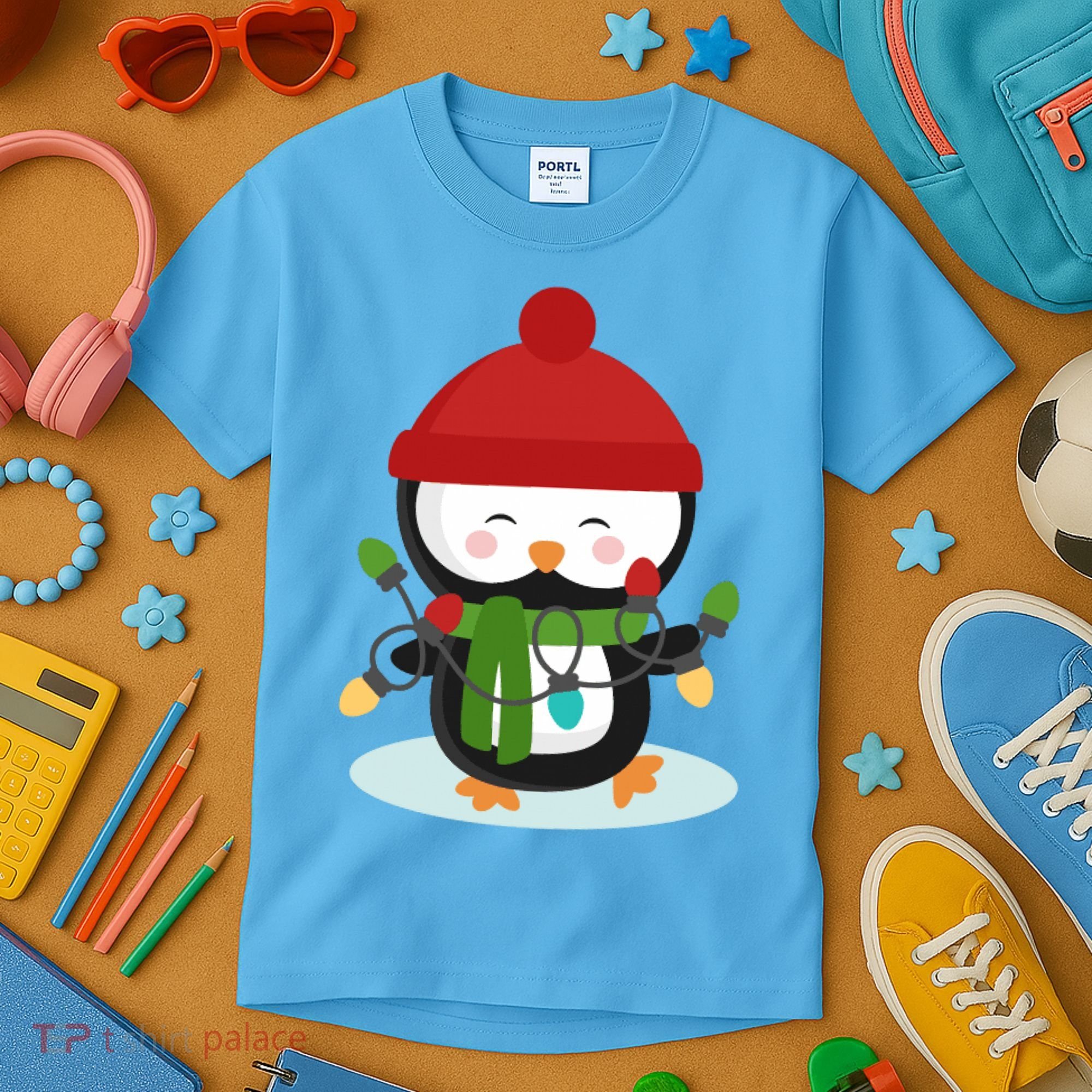Cute Winter Penguin Christmas Lights Kids T-Shirt