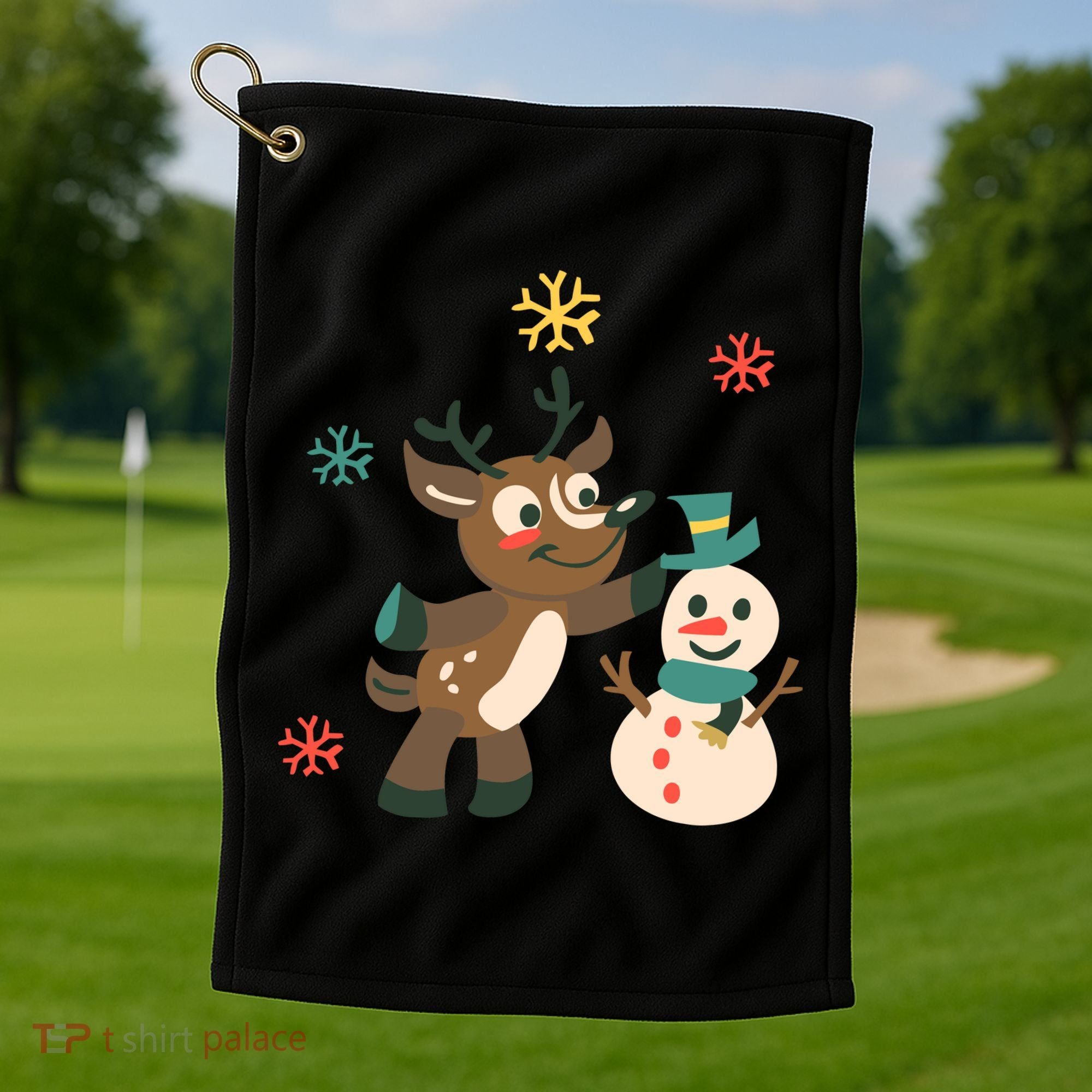 Cute Winter Reindeer Snowman Best Friends Golf Towel
