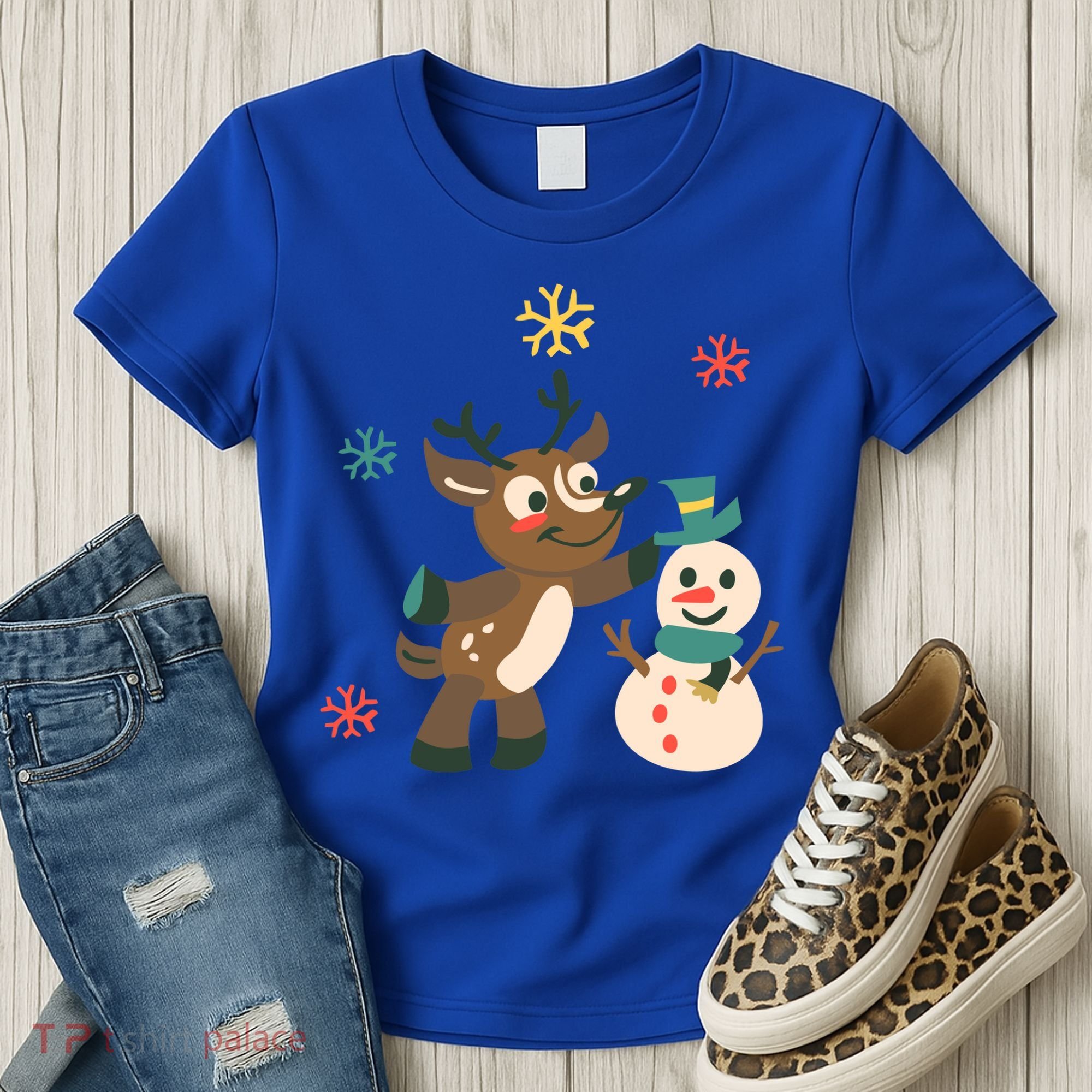 Cute Winter Reindeer Snowman Best Friends Women's T-Shirt
