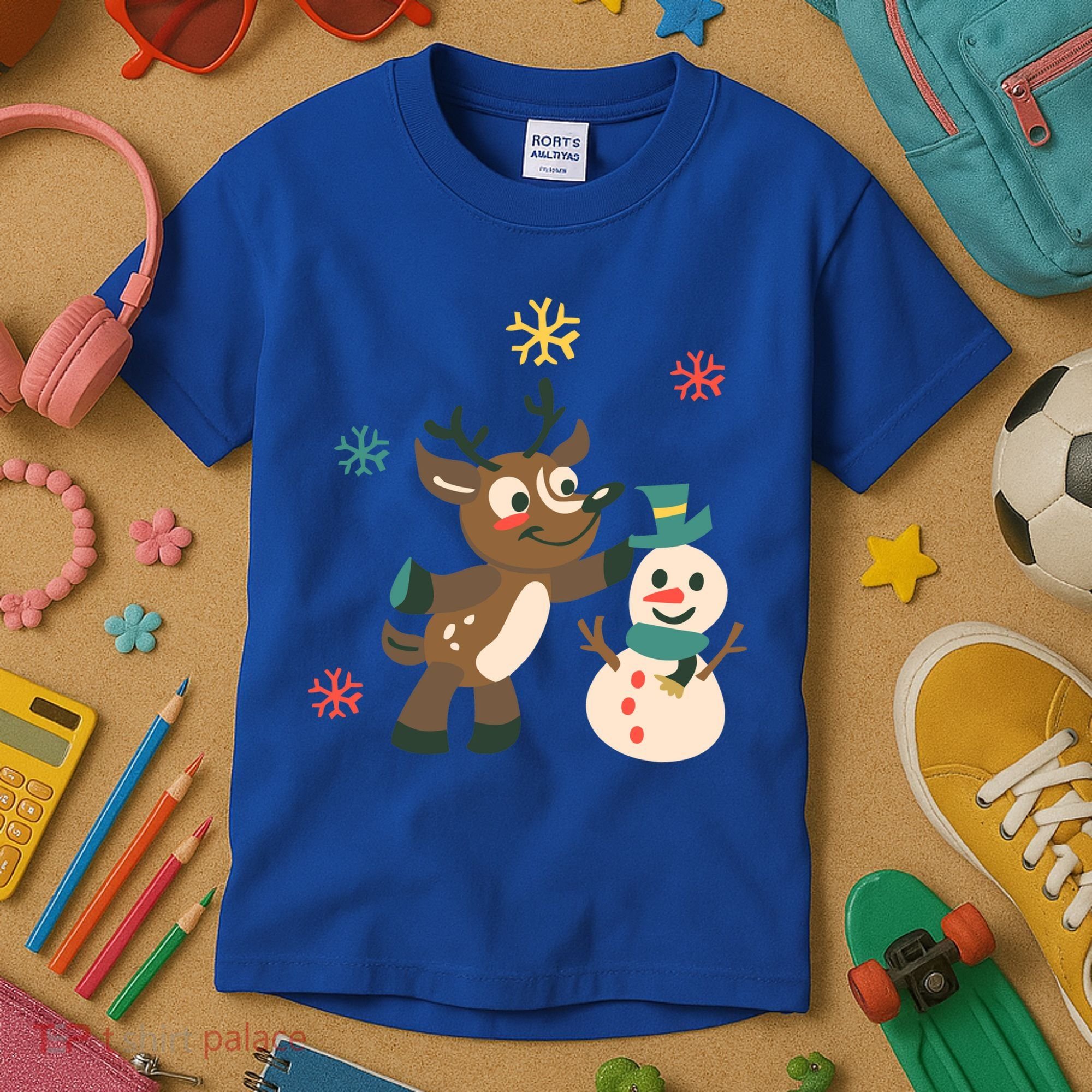 Cute Winter Reindeer Snowman Best Friends Kids T-Shirt
