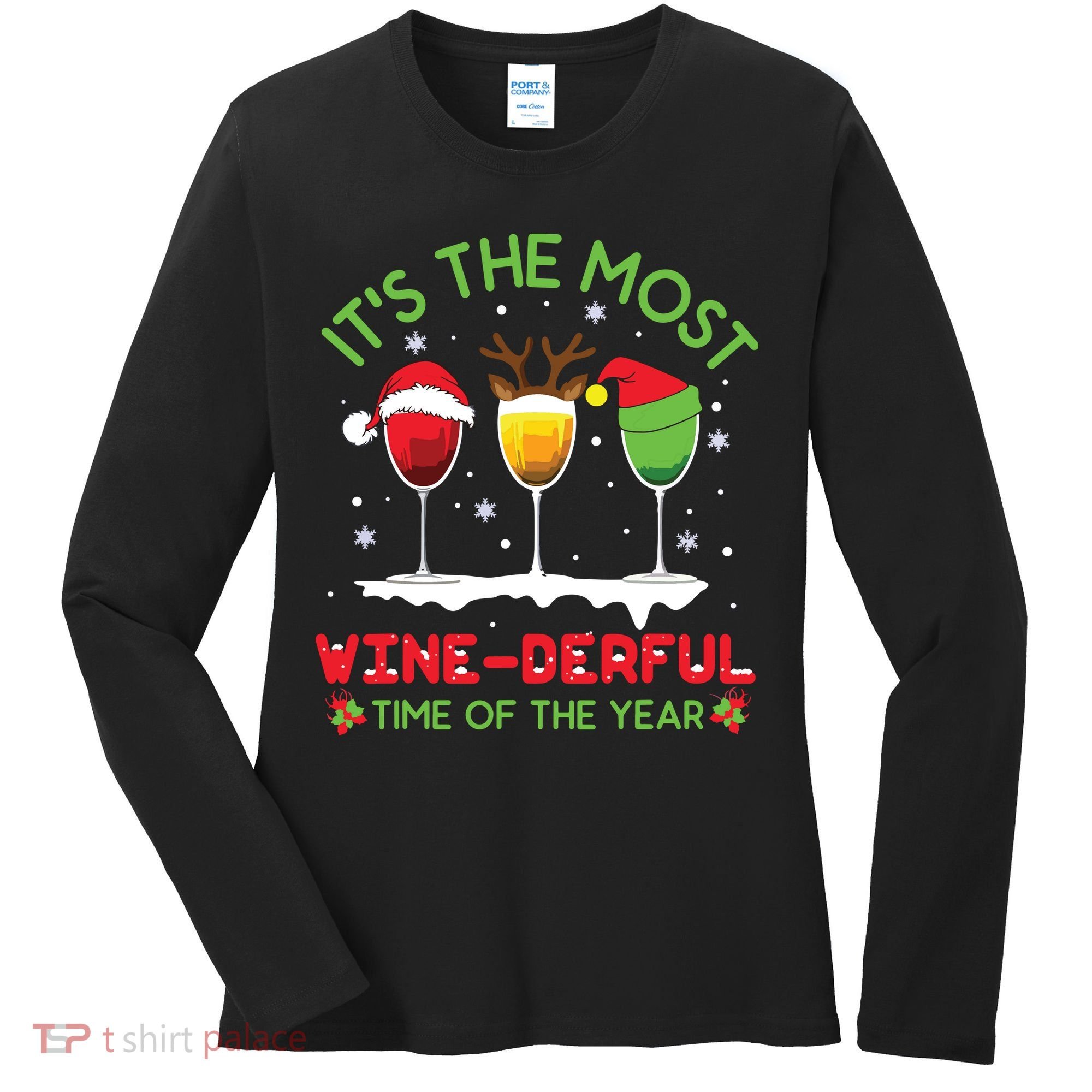 Christmas Wine Shirts Xmas Alcohol Pajama PJ Tops Women's Long Sleeve Shirt