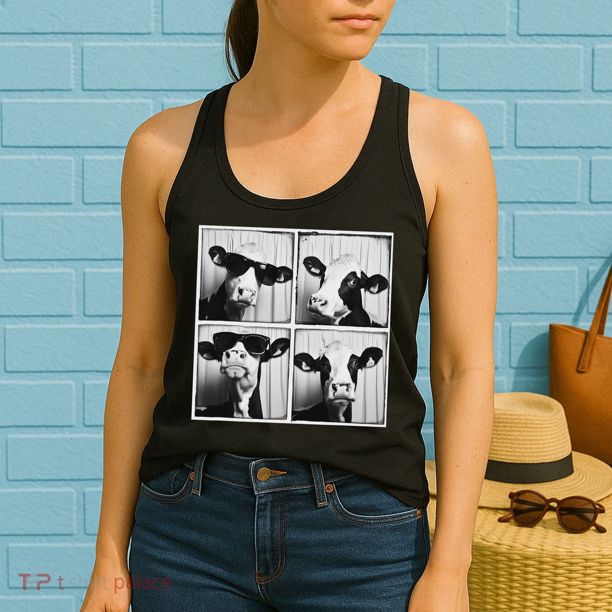Cow Wearing Sunglasses Photo Farmyard Funny Farm Animal Women's Tank Top