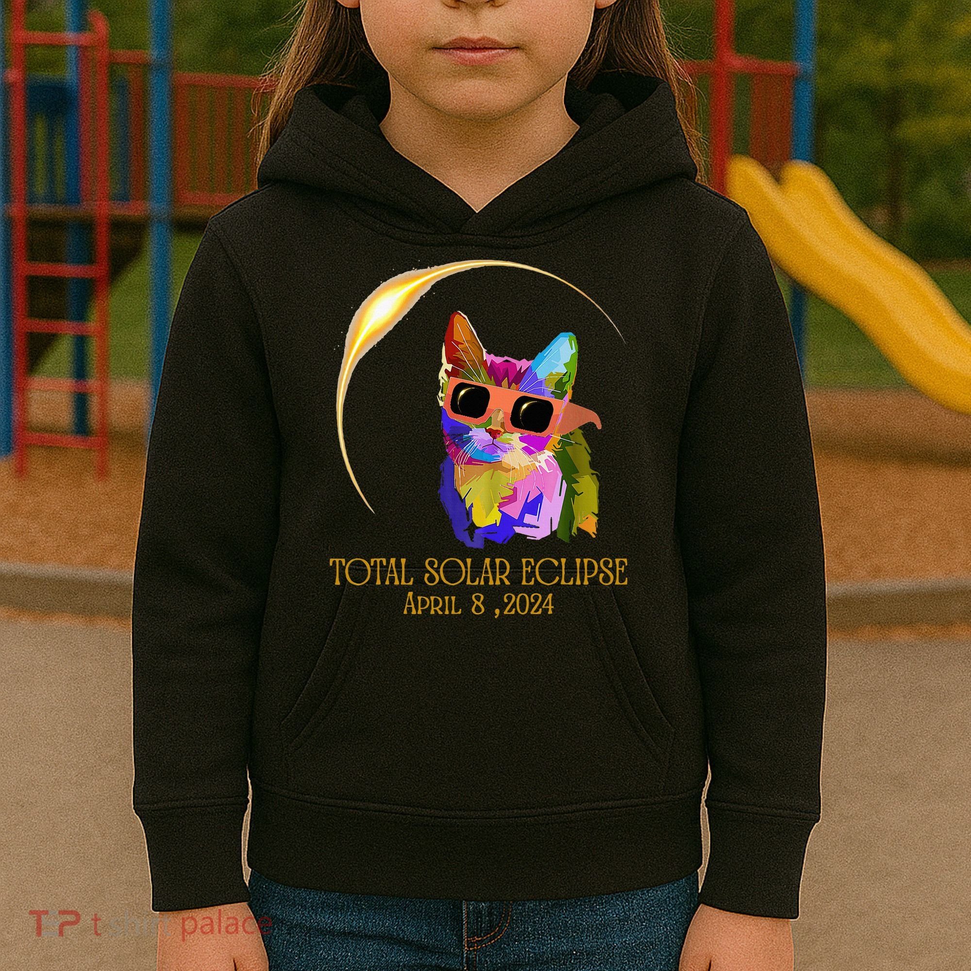 Cat Wearing Solar Eclipse Glasses Kids Hoodie