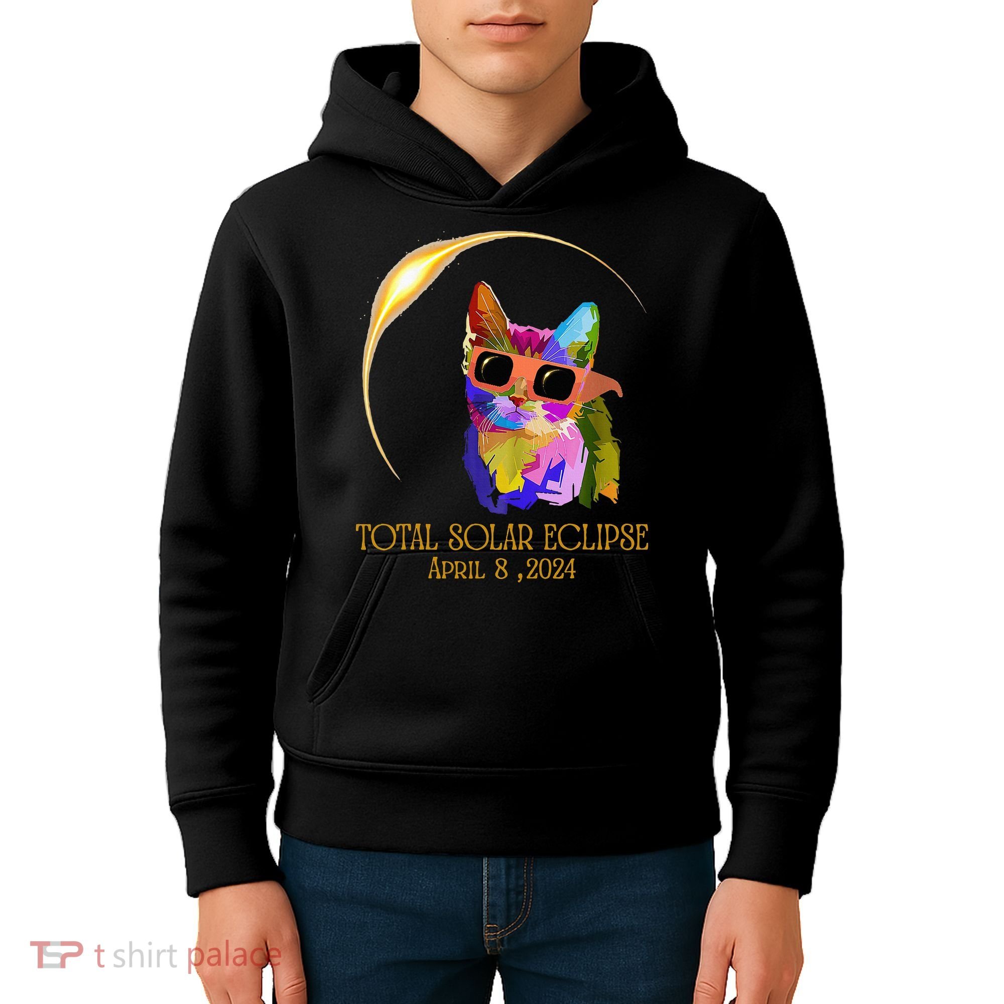 Cat Wearing Solar Eclipse Glasses Kids Hoodie