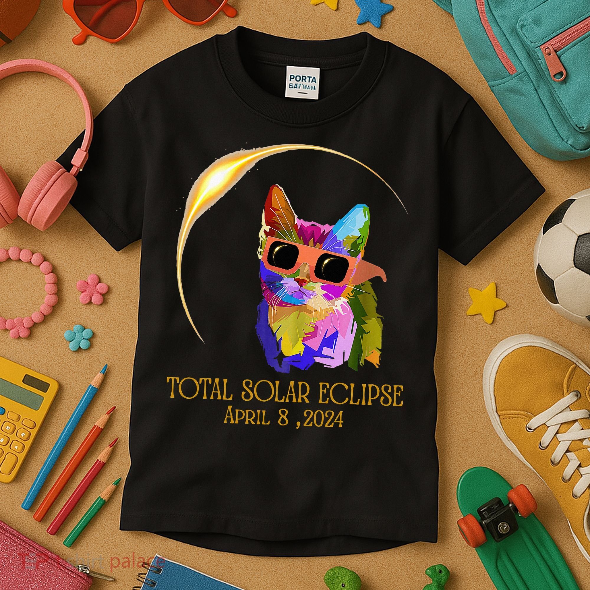 Cat Wearing Solar Eclipse Glasses Kids T-Shirt