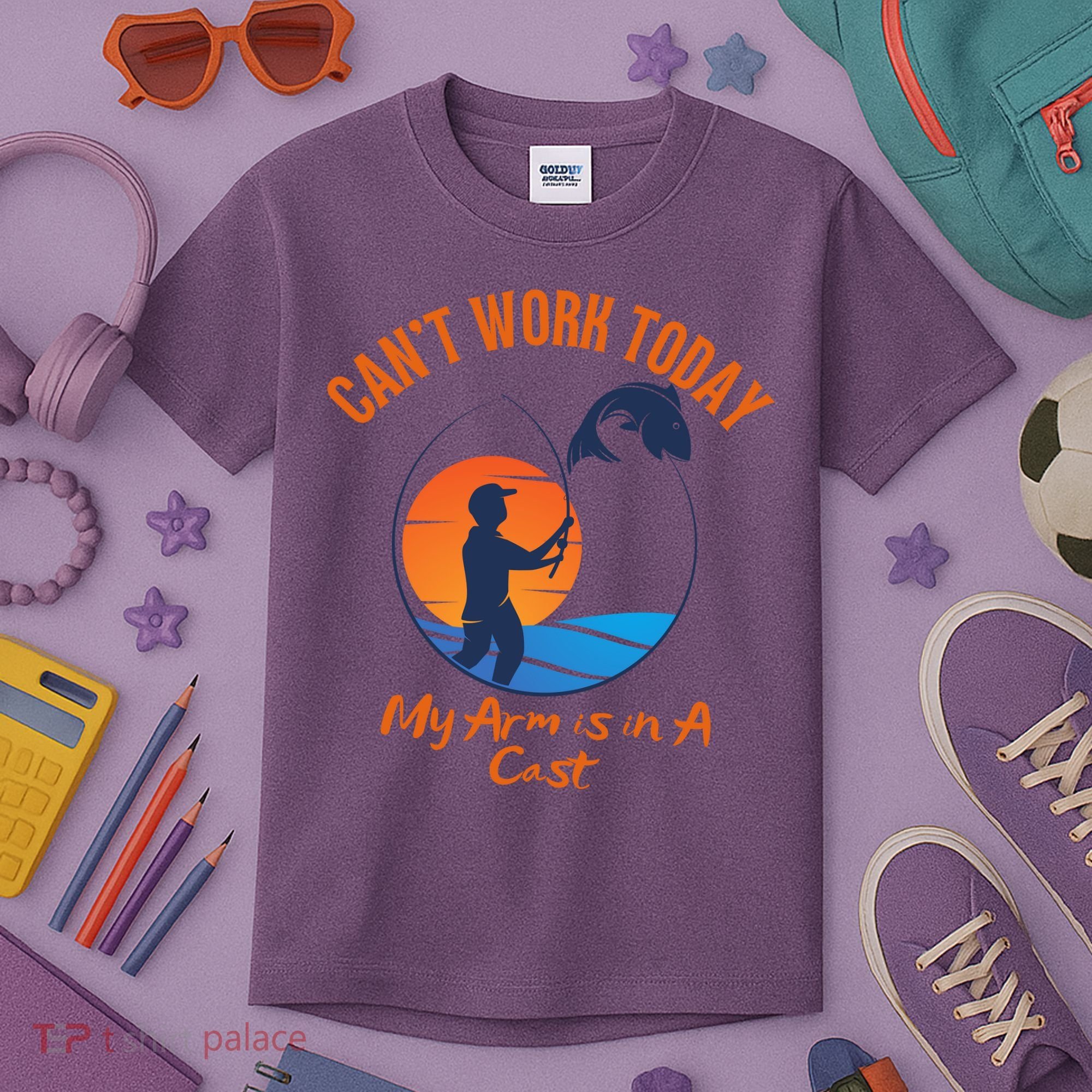 Can't Work Today My Arm Is In A Cast Funny Fishing Kids T-Shirt
