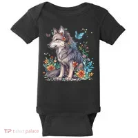 Cute Wolf With Flowers I Wolf Baby Bodysuit thumb 0