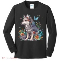 Cute Wolf With Flowers I Wolf Kids Long Sleeve Shirt thumb 0
