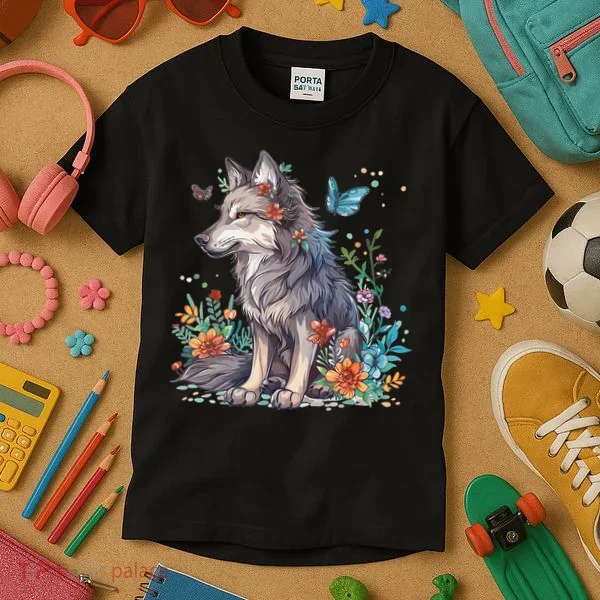 Cute Wolf With Flowers I Wolf Kids T-Shirt