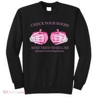 Check Your Boobs Mine Tried To Kill Me Breast Cancer Pumpkin Sweatshirt thumb 0