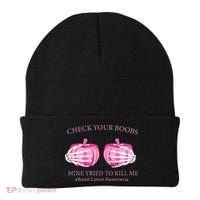 Check Your Boobs Mine Tried To Kill Me Breast Cancer Pumpkin Beanie thumb 0
