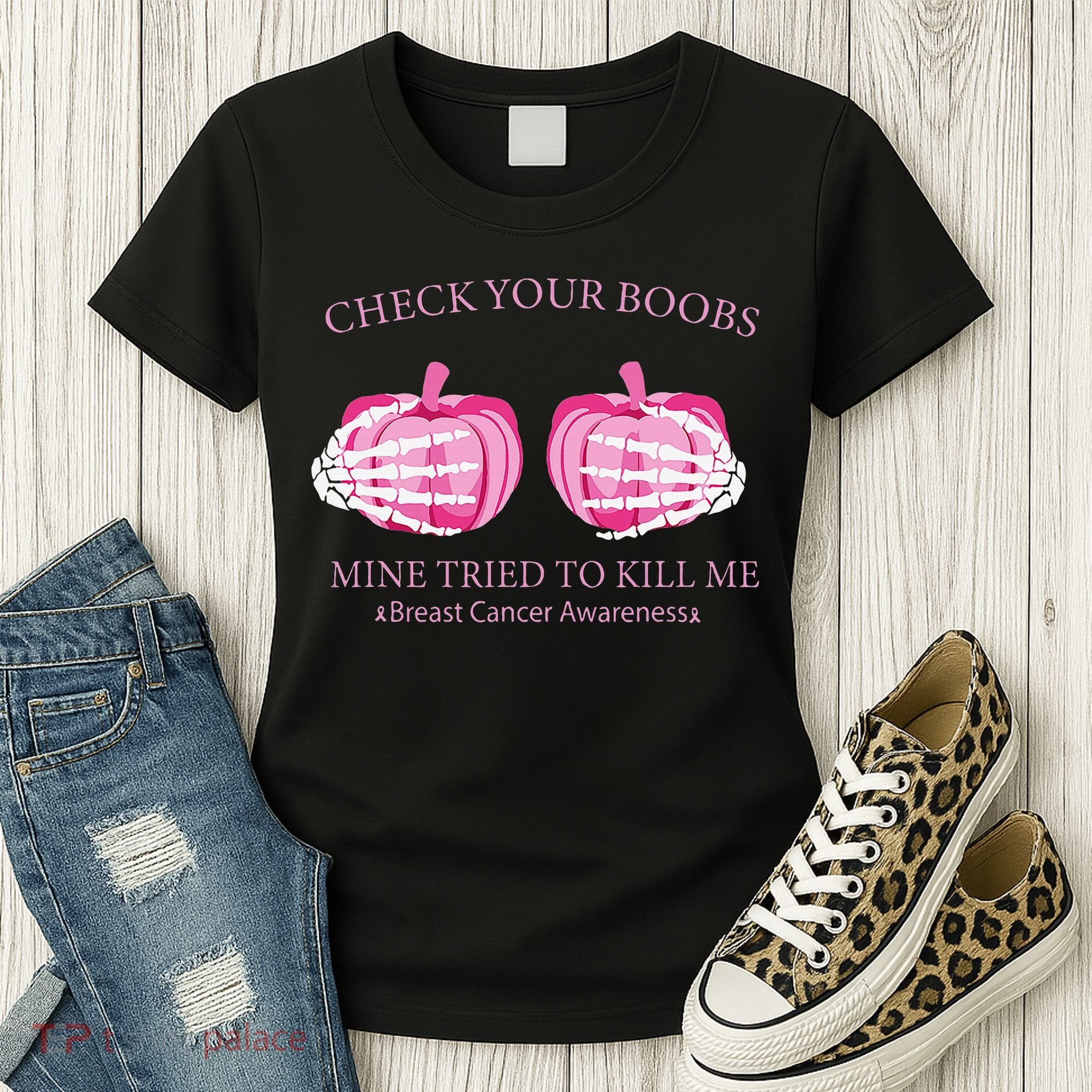 Check Your Boobs Mine Tried To Kill Me Breast Cancer Pumpkin Women's T-Shirt