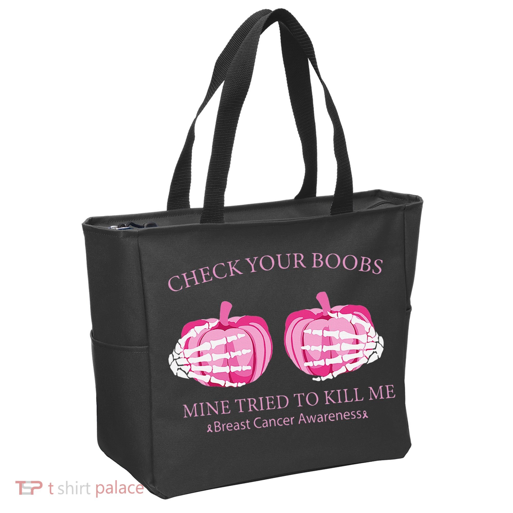 Check Your Boobs Mine Tried To Kill Me Breast Cancer Pumpkin Tote Bag