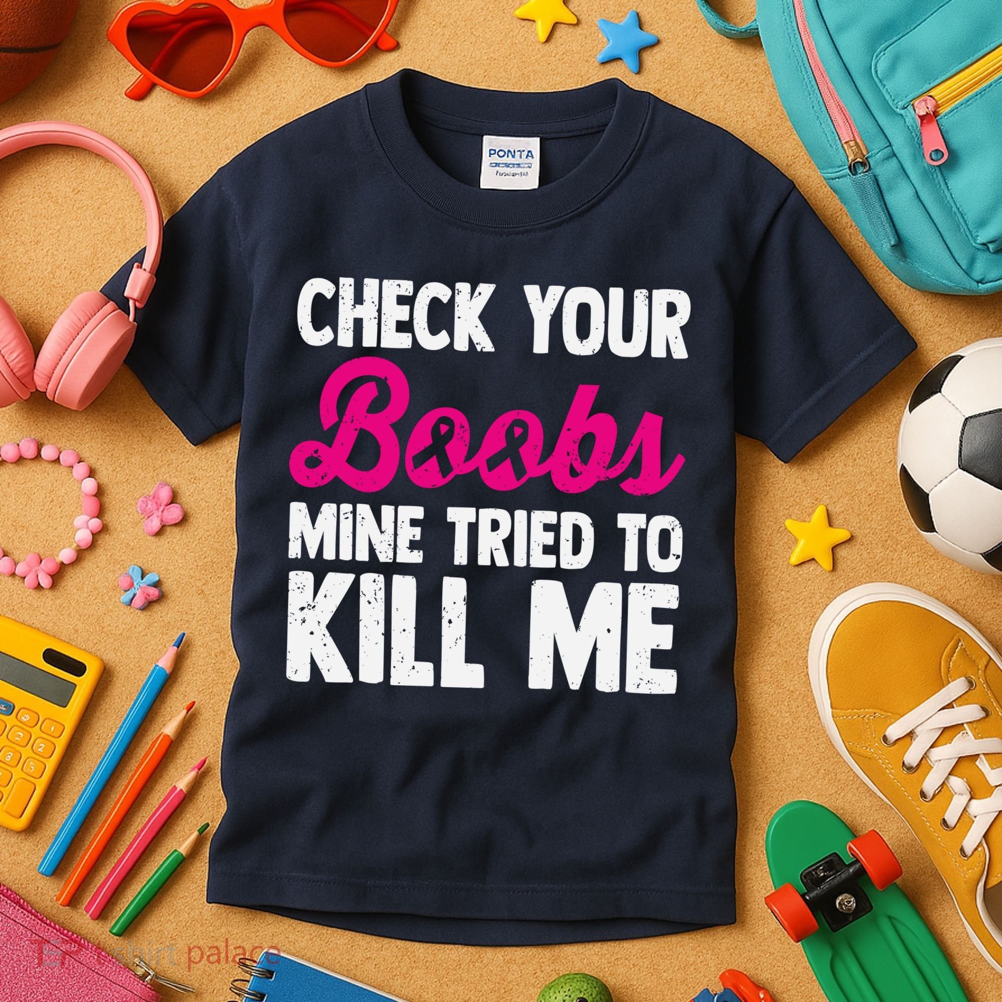 Check Your Boobs Mine Tried To Kill Me Kids T-Shirt
