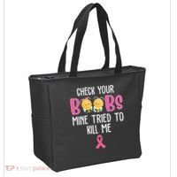 Check Your Boobs Mine Tried To Kill Me Breast Cancer Tote Bag thumb 2
