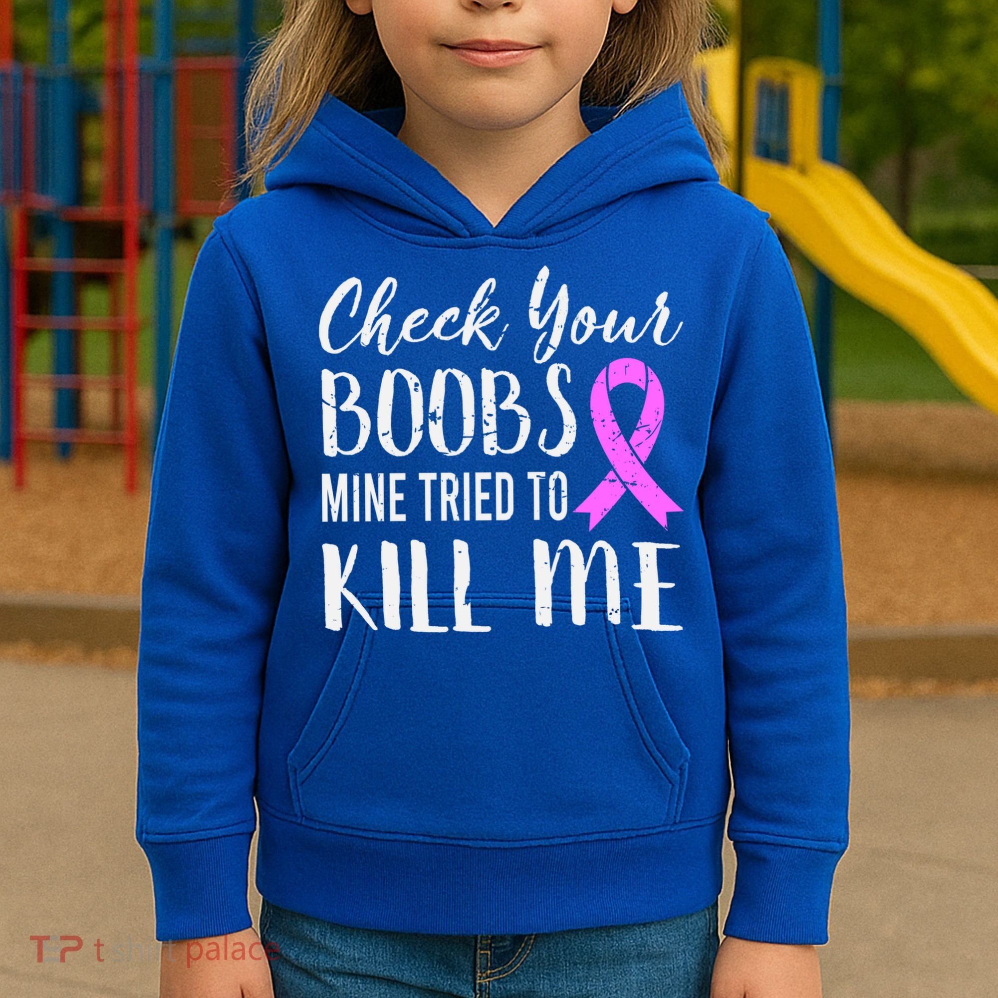 Check Your Boobs Mine Tried To Kill Me Breast Cancer Gift Kids Hoodie