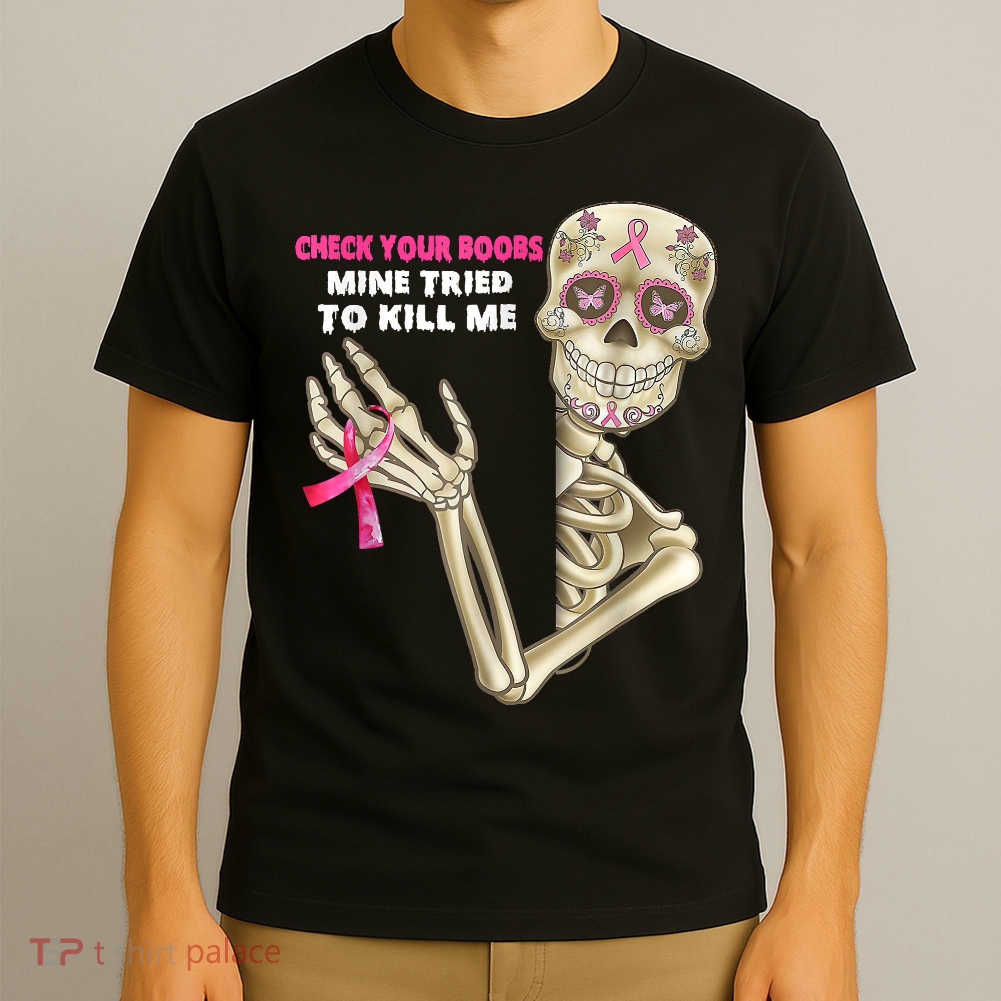 Check Your Boobs Skeleton Hand Breast Cancer Awareness Gifts T-Shirt