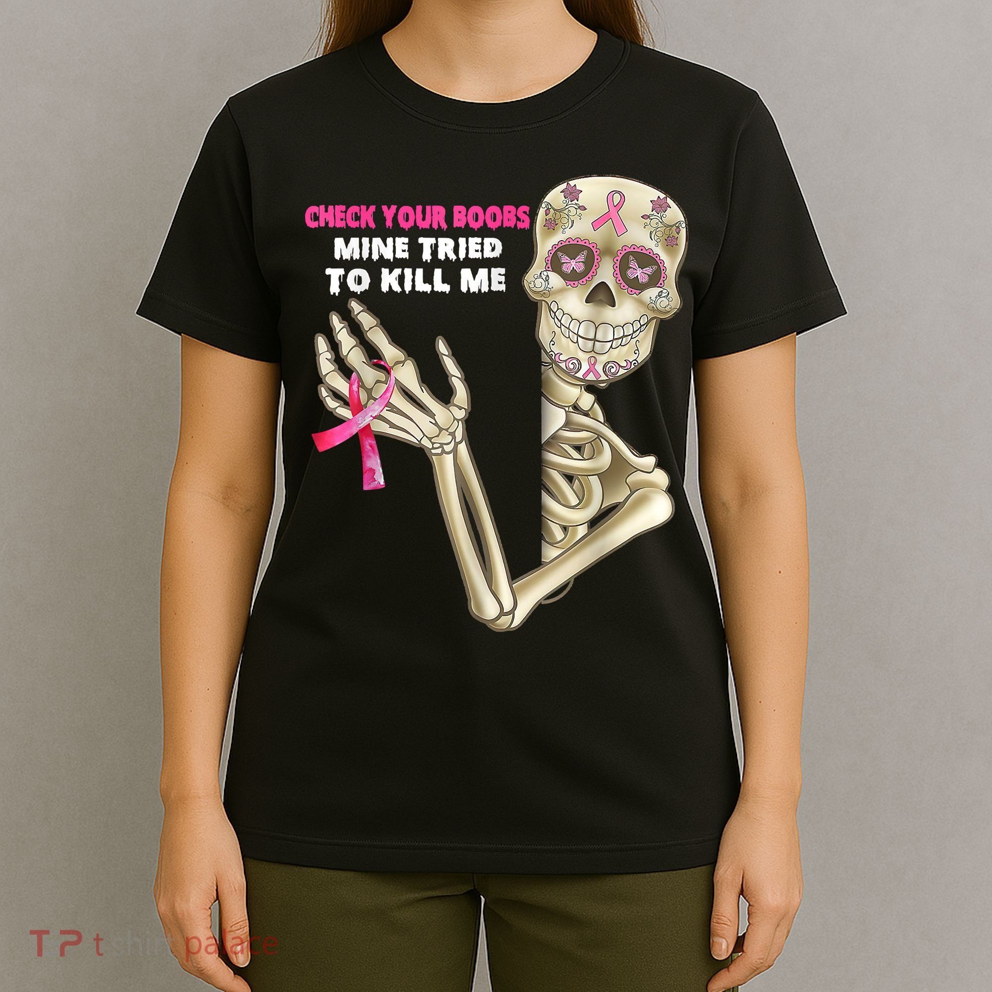 Check Your Boobs Skeleton Hand Breast Cancer Awareness Gifts T-Shirt