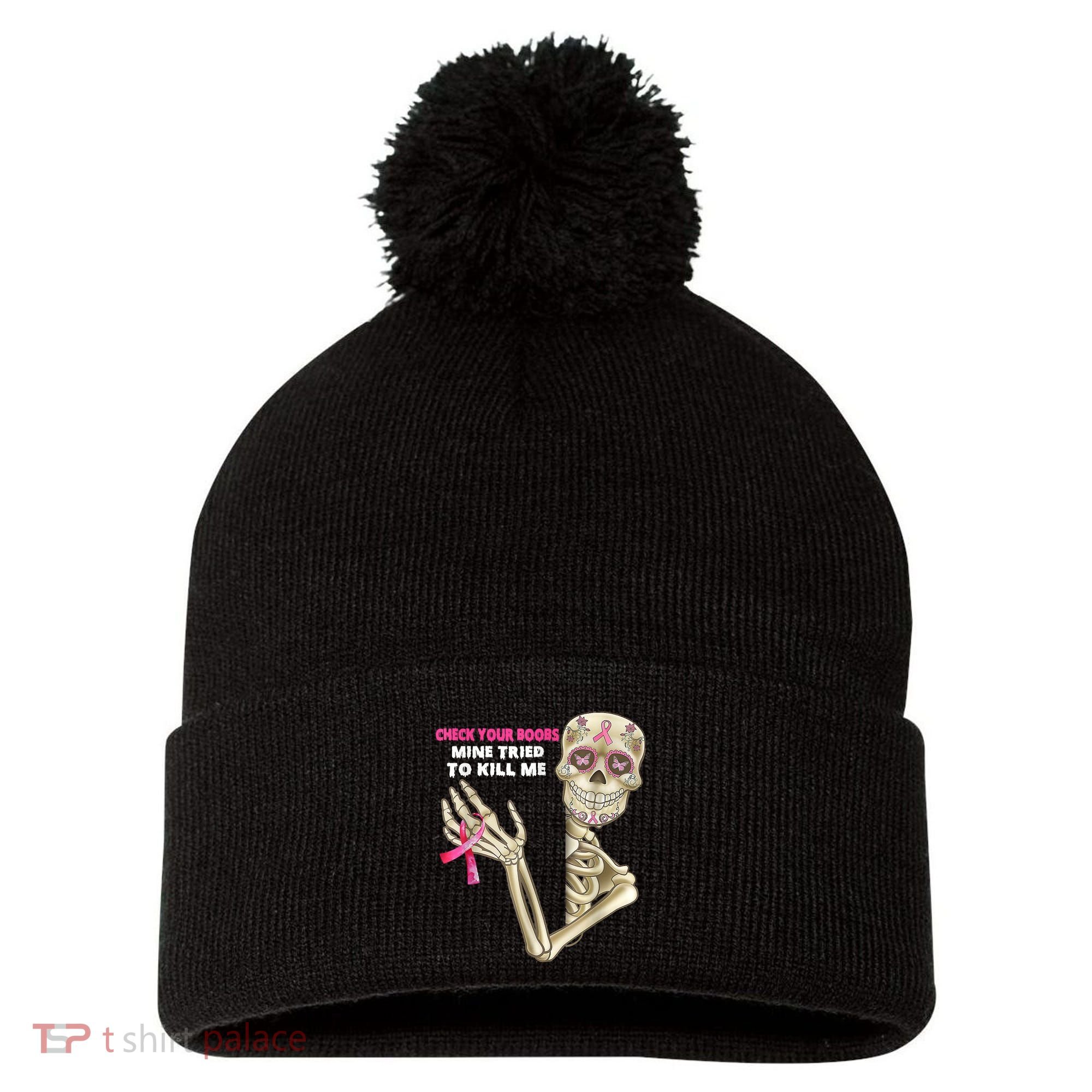 Check Your Boobs Skeleton Hand Breast Cancer Awareness Gifts Pom Pom 12in Knit Beanie