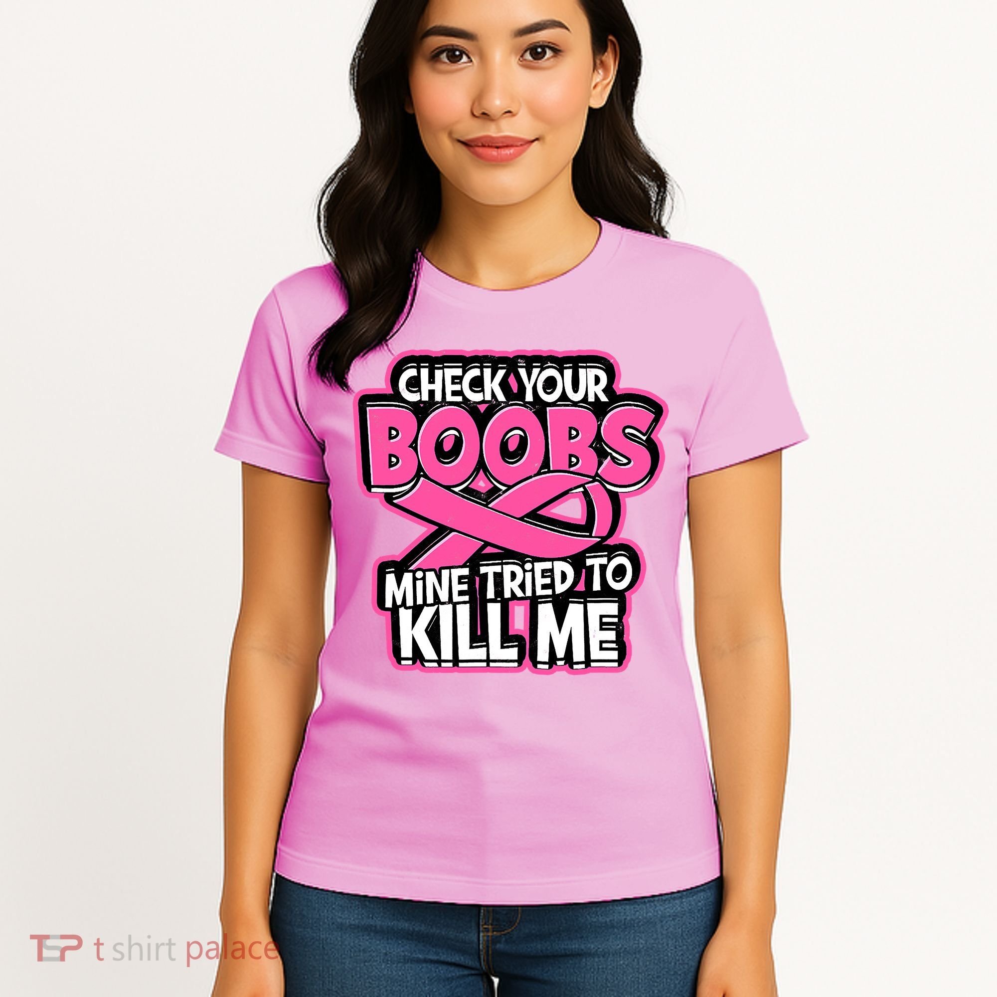Check Your Boobs Mine Tried To Kill Me Funny Breast Cancer Women's T-Shirt