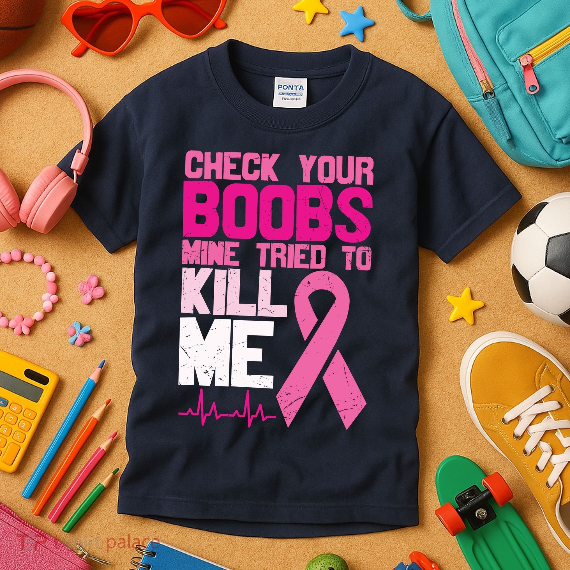 Check Your Boobs Mine Tried To Kill Me Breast Cancer Kids T-Shirt