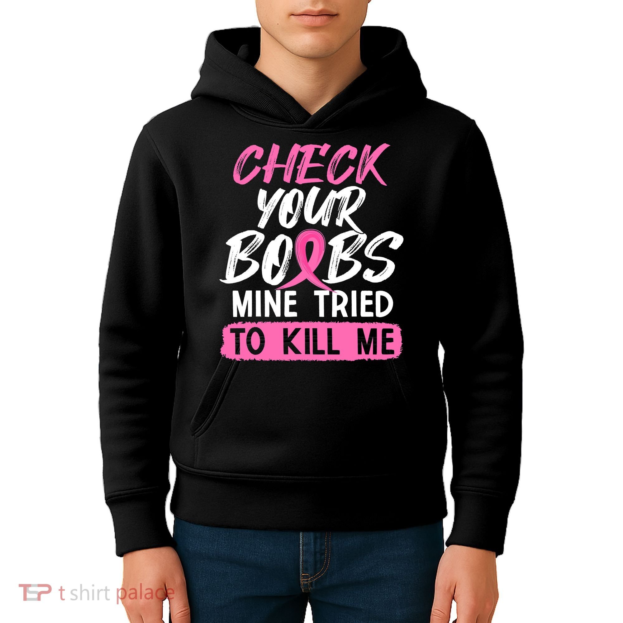 Check Your Boobs Mine Tried To Kill Me Breast Cancer Warrior Kids Hoodie