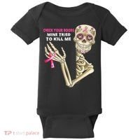 Check Your Boobs Mine Tried To Kill Me Sugar Skull Skeleton Baby Bodysuit thumb 0