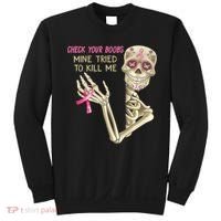 Check Your Boobs Mine Tried To Kill Me Skeleton Sweatshirt thumb 0