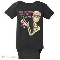 Check Your Boobs Mine Tried To Kill Me Skeleton Baby Bodysuit thumb 0