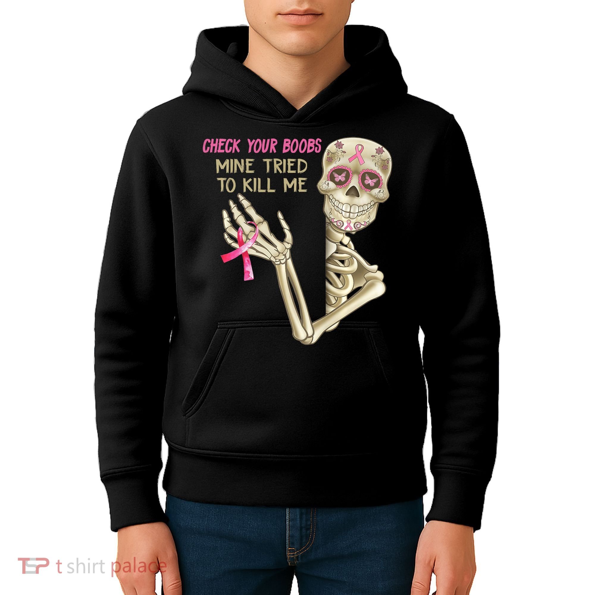 Check Your Boobs Mine Tried To Kill Me Skeleton Kids Hoodie