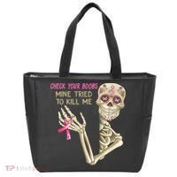 Check Your Boobs Mine Tried To Kill Me Skeleton Tote Bag thumb 0
