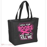 Check Your Boobs Mine Tried To Kill Me Breast Cancer Tote Bag thumb 2