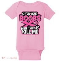 Check Your Boobs Mine Tried To Kill Me Breast Cancer Baby Bodysuit thumb 0
