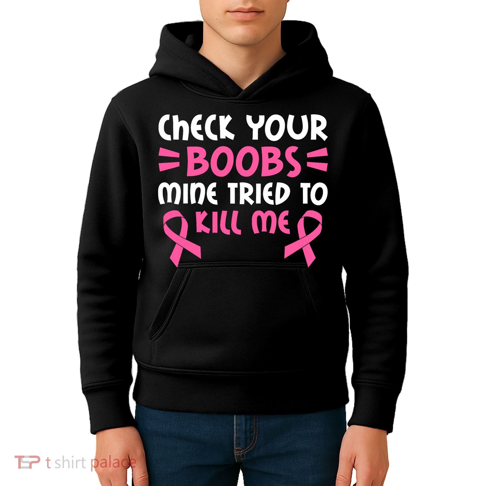 Check Your Boobs Mine Tried To Kill Me Ribbon Kids Hoodie