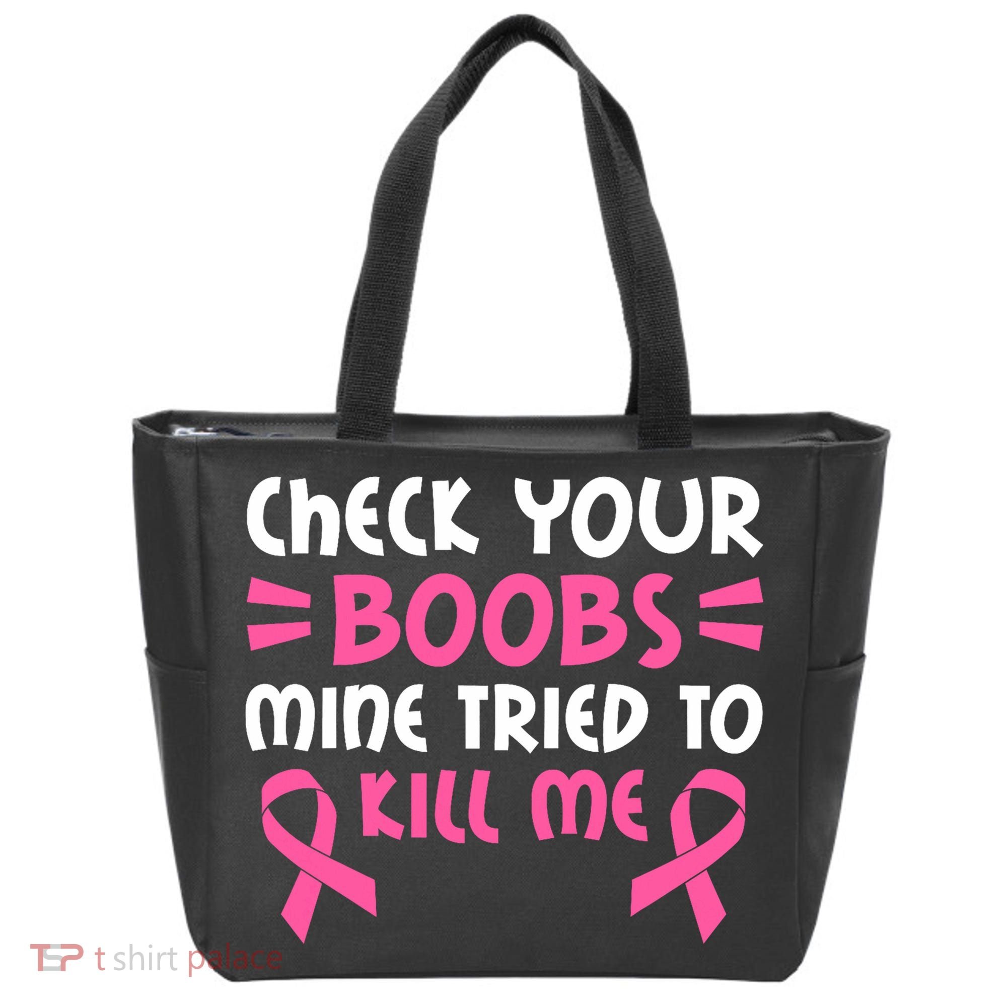 Check Your Boobs Mine Tried To Kill Me Ribbon Tote Bag