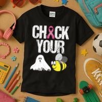 Check Your Boo Bees Funny Breast Cancer Halloween Gift Kids T-Shirt thumb 3