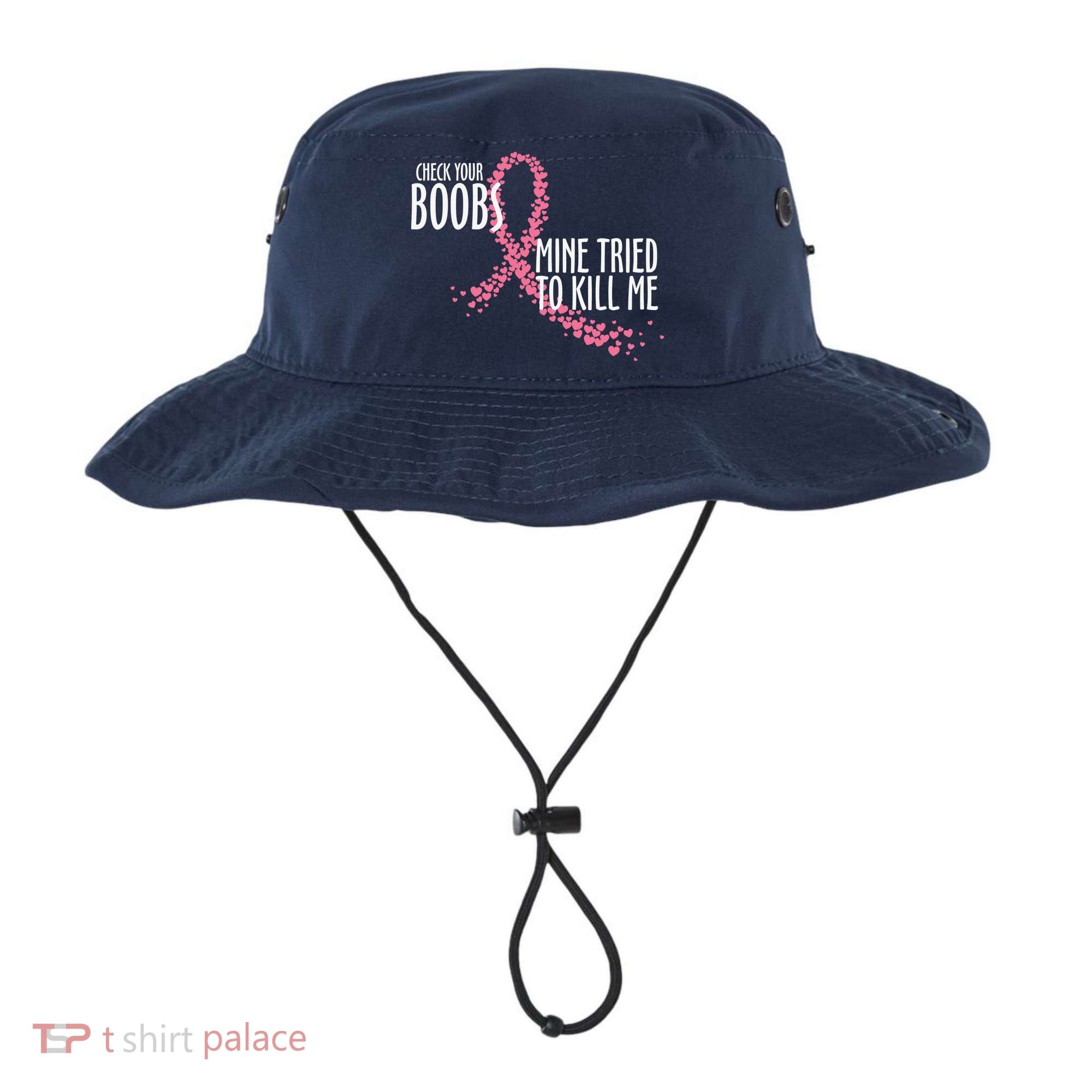 Check Your Boobs Mine Tried To Kill Me Pink Ribbon Heart Breast Cancer Bucket Hat